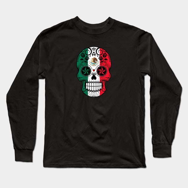 Sugar Skull with Roses and Flag of Mexico Long Sleeve T-Shirt by jeffbartels